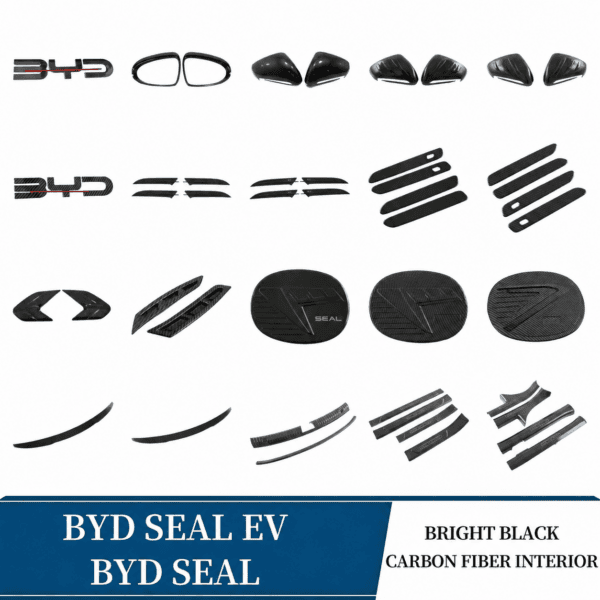BYD Seal EV Gloss Black & Carbon Exterior Trim Kit – Mirror Covers, Door Handles, Charging Port & Spoiler